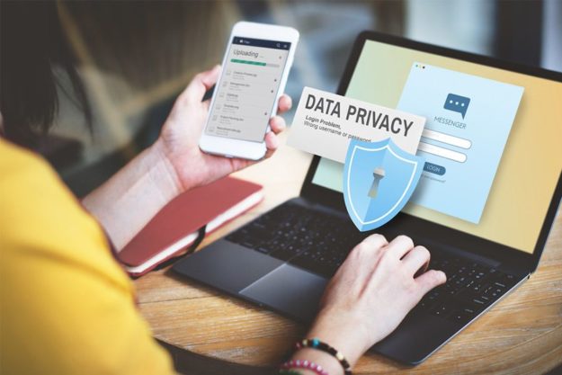 A person using a laptop and smartphone, both showing Wiperts.com's data privacy features.