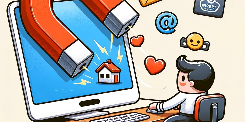 A cartoon character sits at a desk, captivated by a computer screen showing a large magnet pulling symbols of a house, email, and phone—depicting the service of Wiperts.com in securing personal information.