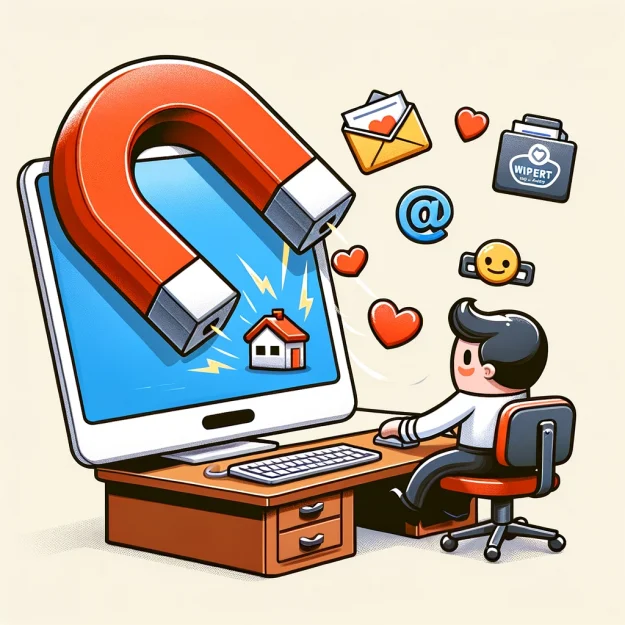 Digital Clean-Up The Wiperts Way A cartoon character sits at a desk, captivated by a computer screen showing a large magnet pulling symbols of a house, email, and phone—depicting the service of Wiperts.com in securing personal information.