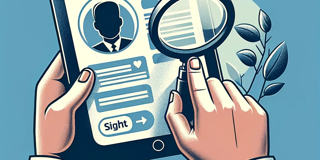 Hands holding a tablet displaying a social media profile while a magnifying glass closely examines the details, symbolizing a careful review of online presence.