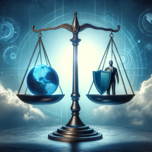 A scale balanced between a globe and a person with a shield, representing data and privacy balance.