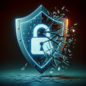 A broken shield symbolizing vulnerability to data breaches.