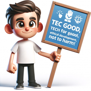 Cartoon character holding a blank sign advocating for ethical technology.