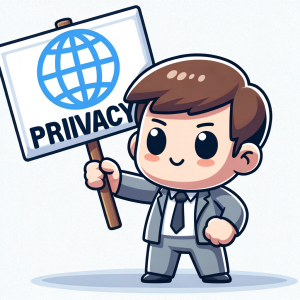 Cartoon character holding a blank sign, symbolizing privacy advocacy.