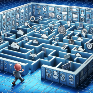Cartoon character navigating a complex digital maze.