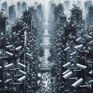 A cityscape blanketed with surveillance cameras, symbolizing extensive monitoring.