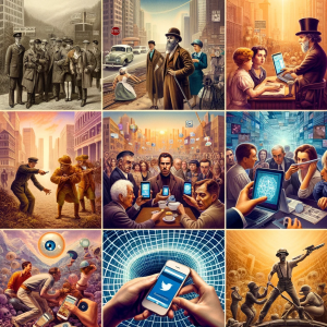 Collage depicting the changing public view on privacy through different eras.