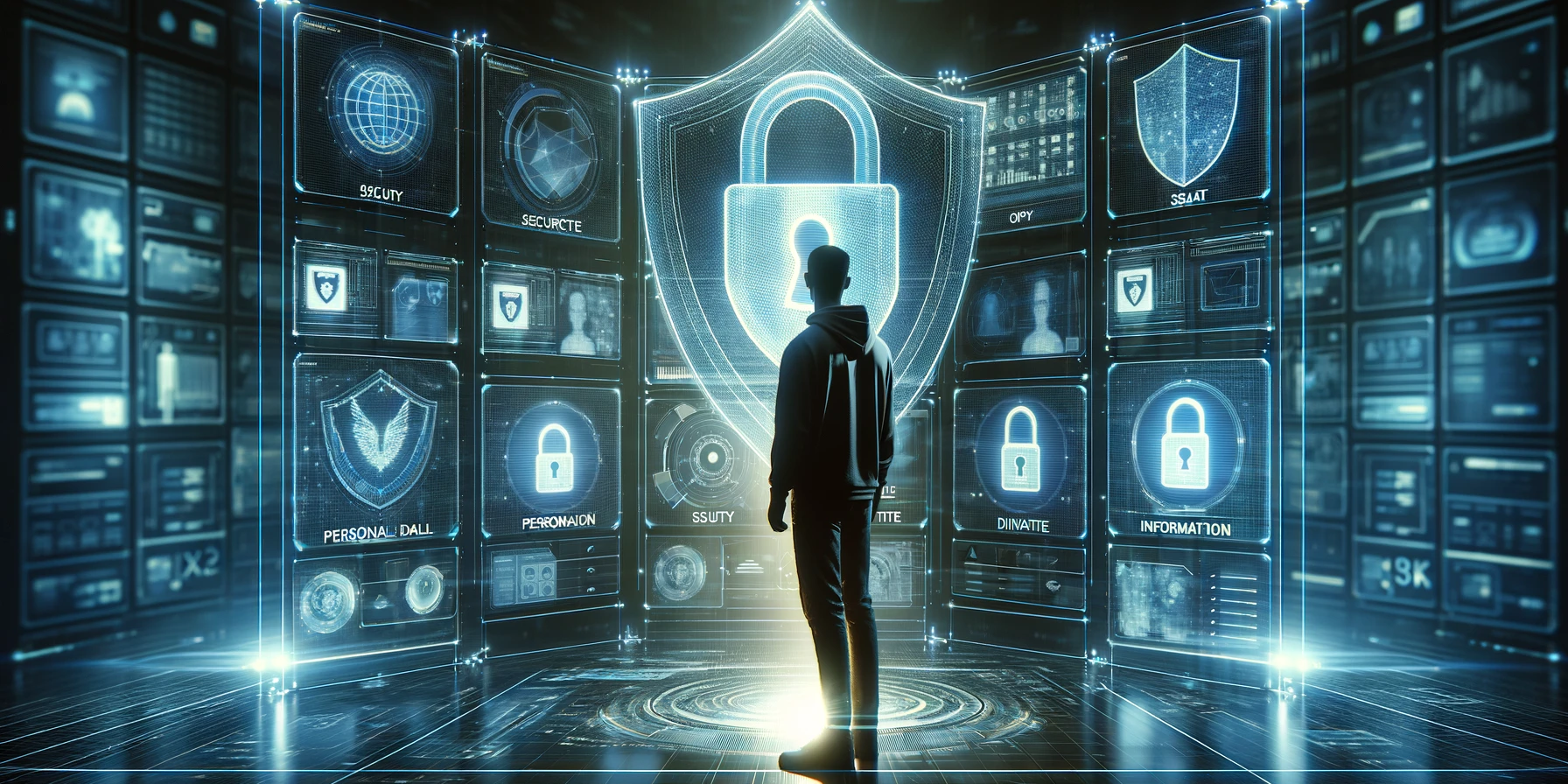 The Guardian of Digital Privacy. Silhouette of a person in front of a digital wall displaying protected personal data.