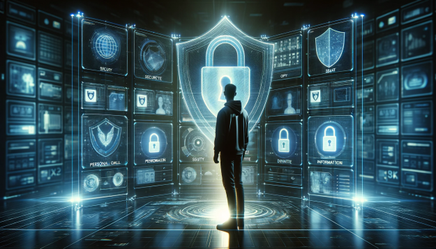 The Guardian of Digital Privacy. Silhouette of a person in front of a digital wall displaying protected personal data.