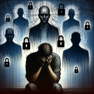 Depiction of a victim of identity theft surrounded by shadowy figures.