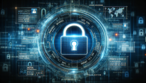 Digital lock symbolizing data privacy on a background of personal data information.