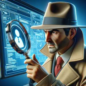 A detective with a magnifying glass examining a computer screen.