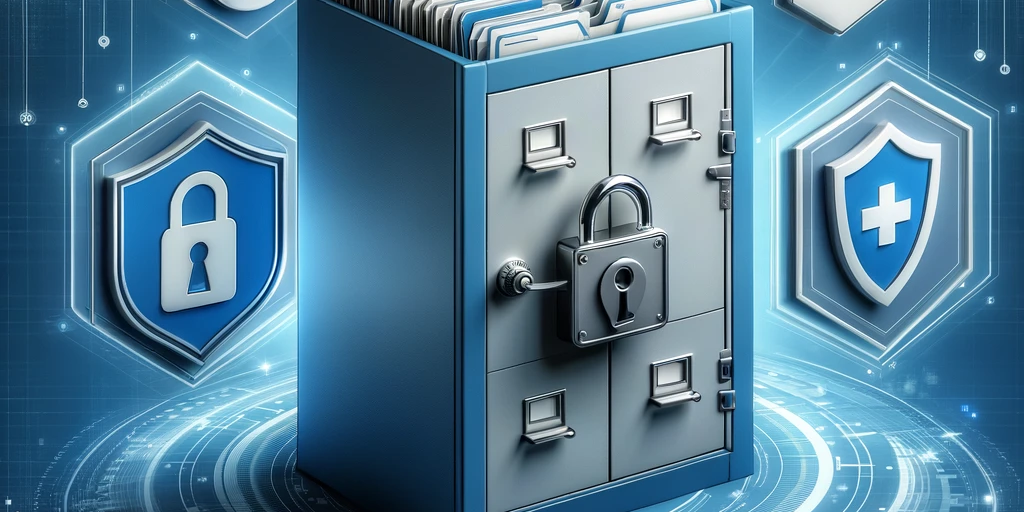 Secure, locked file cabinet with medical records and digital security symbols.