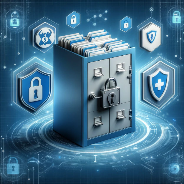 Secure, locked file cabinet with medical records and digital security symbols.