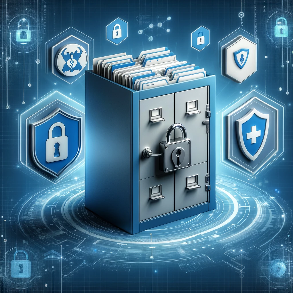 Secure, locked file cabinet with medical records and digital security symbols.