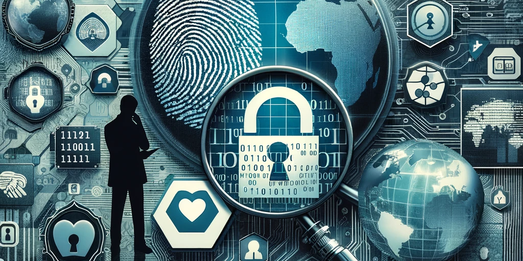 Collage of digital privacy symbols including a security lock, digital fingerprint, binary code under a magnifying glass, world map with data lines, and a silhouette with social media icons on a circuit board background.