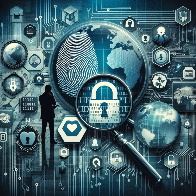 Collage of digital privacy symbols including a security lock, digital fingerprint, binary code under a magnifying glass, world map with data lines, and a silhouette with social media icons on a circuit board background.