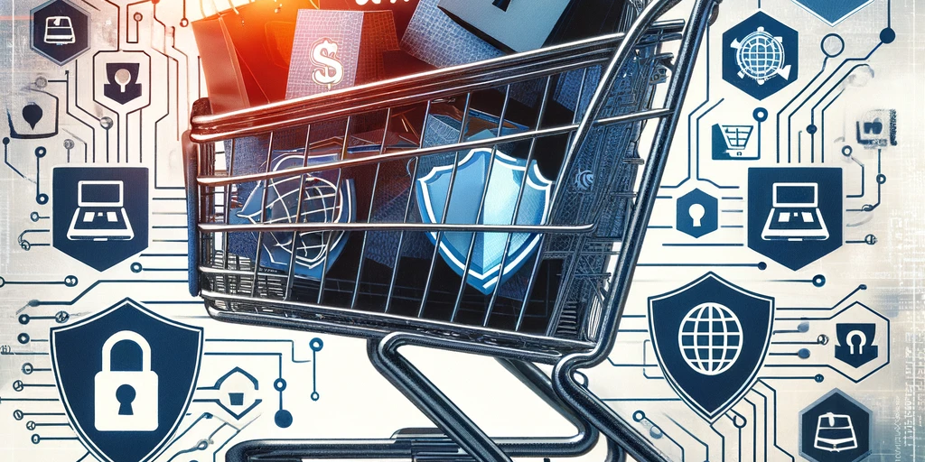 Balancing Commerce and Privacy in the Digital Age. A collage showcasing the blend of e-commerce and data privacy.