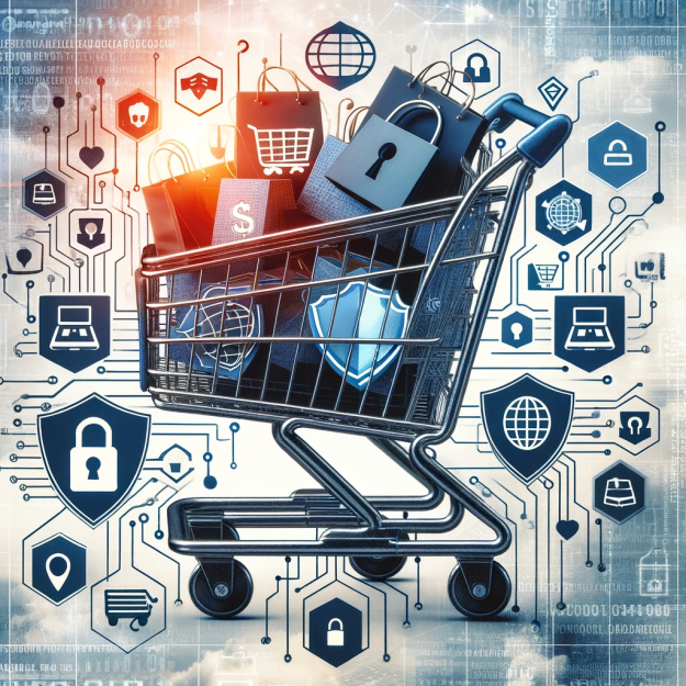 Balancing Commerce and Privacy in the Digital Age. A collage showcasing the blend of e-commerce and data privacy.