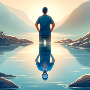Illustration of a person reflecting on a calmer, happier self in a lake