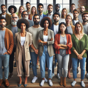 A diverse group of people standing together, representing collective action.