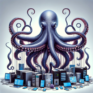 Giant octopus with tentacles wrapped around various data sources.