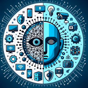 Graphic showing technology's dual role in progress and privacy threats.