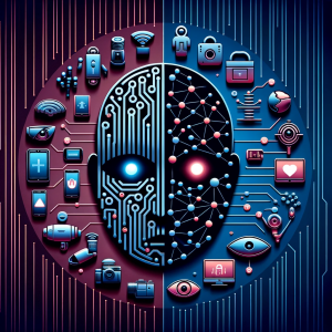 Graphic symbolizing the dual role of technology in progress and privacy threats.