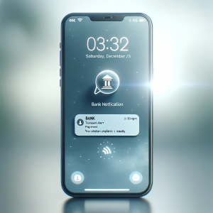 Smartphone with a bank notification on the screen indicating a transaction alert and statement availability.