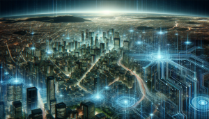 Panoramic view of a digital cityscape with data streams.