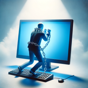 Person metaphorically chained to a computer screen.