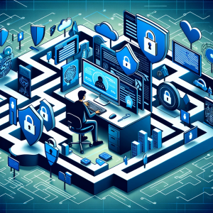 A person at a computer navigating a maze-like internet filled with data privacy symbols.