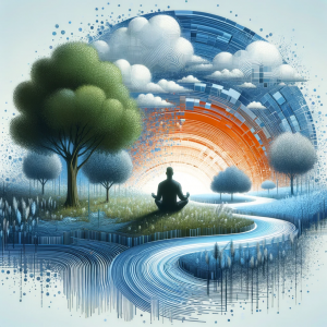 A person sitting tranquilly in a serene digital landscape, symbolizing privacy and relief.