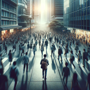 A person walking through a crowded city, symbolizing privacy challenges in public.