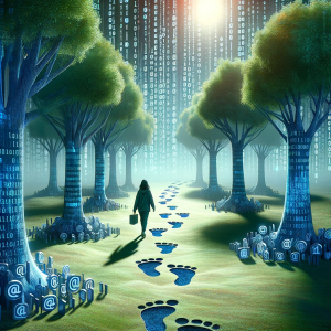 A person walking through a digital forest, leaving data footprints behind.