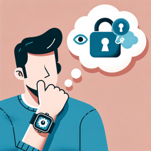 Person wearing a smartwatch with a thought bubble showing privacy concerns.