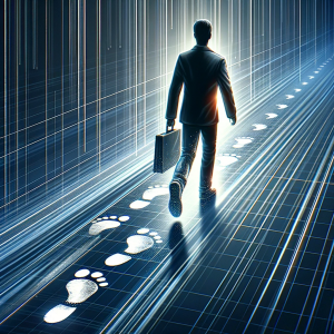 A person with digital footprints trailing behind.