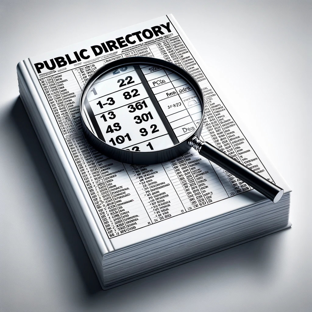 Public directory with a magnifying glass focusing on an area, without any visible text.