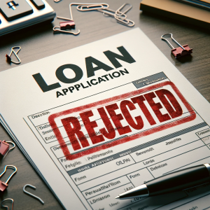 Loan application form with a red 'Rejected' stamp on a desk, surrounded by office supplies.
