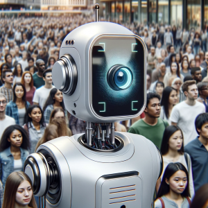Robot with facial recognition technology scanning a crowd.