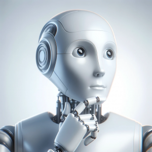 A robot with a human-like expression of curiosity, symbolizing ethical AI development.
