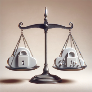 A scale balancing symbols of privacy and data usage, with a lock on one side and a cloud of data points on the other.