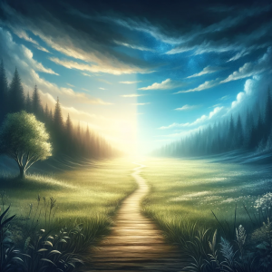 Digital painting of a path leading from a dark forest to a bright meadow