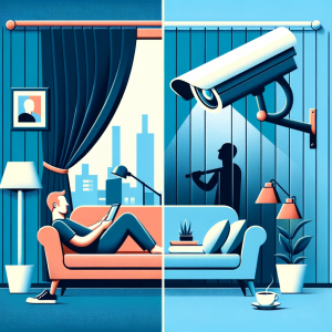 Split image showing contrasting privacy scenarios in home and public space.
