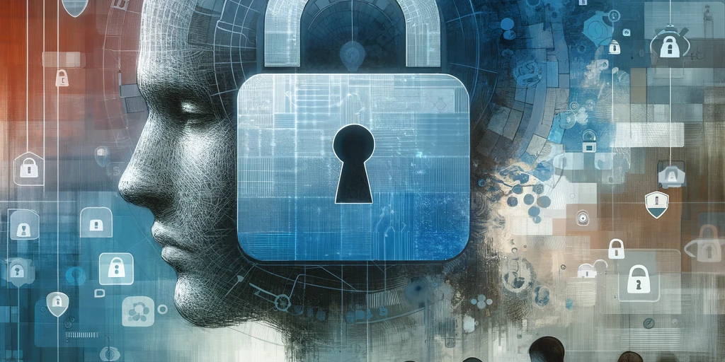 A thought-provoking yet less dark representation of the theme ‘The Chilling Price of Privacy in the Digital Age’. The image shows a digital landscape, Illustration of a digital landscape featuring a transparent padlock partially covering a contemplative human face, with faint outlines of people using digital devices in the background. The image uses a color palette of soft blues and grays.