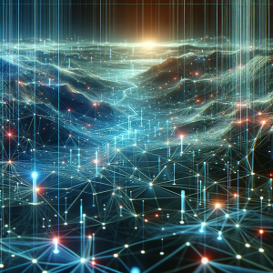 Digital landscape featuring a network of interconnected nodes with glowing data trails in shades of blue and neon, symbolizing complex digital connectivity.
