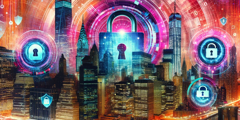 Digital collage of NYC landmarks with data security symbols.