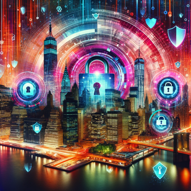 Digital collage of NYC landmarks with data security symbols.