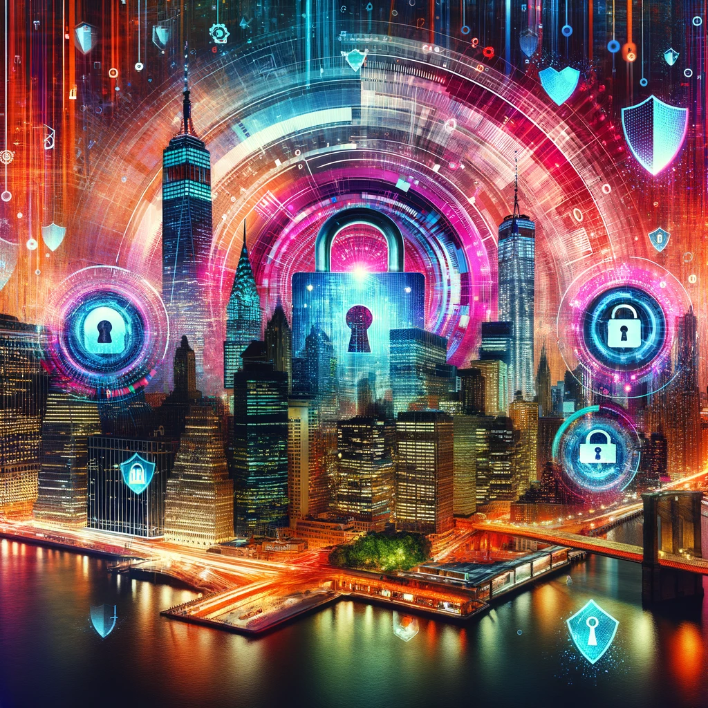 Digital collage of NYC landmarks with data security symbols.