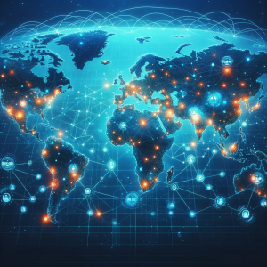 A world map with digital nodes representing global connectivity.